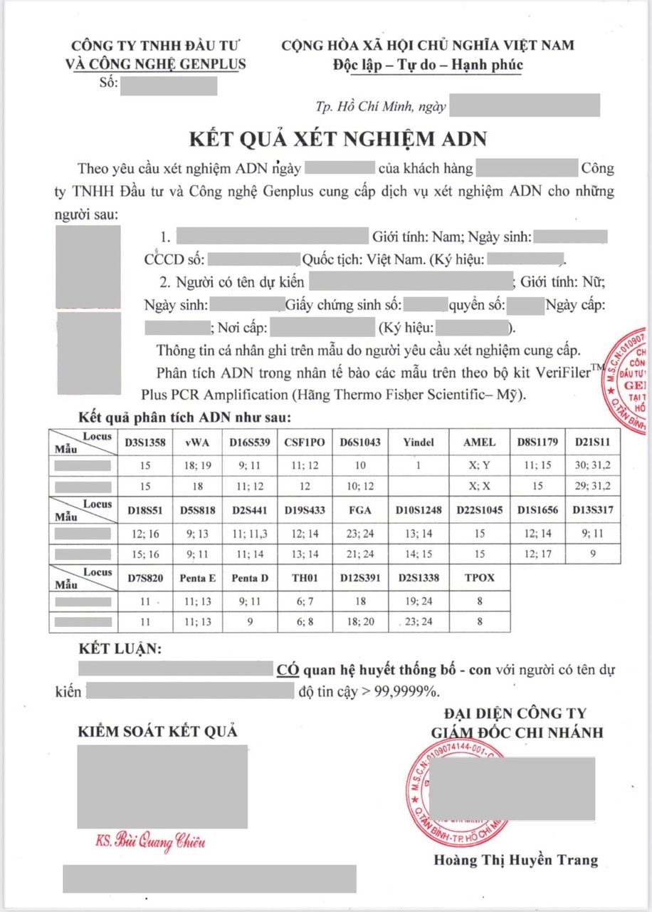 mẫu kết quả xét nghiệm adn pháp lý